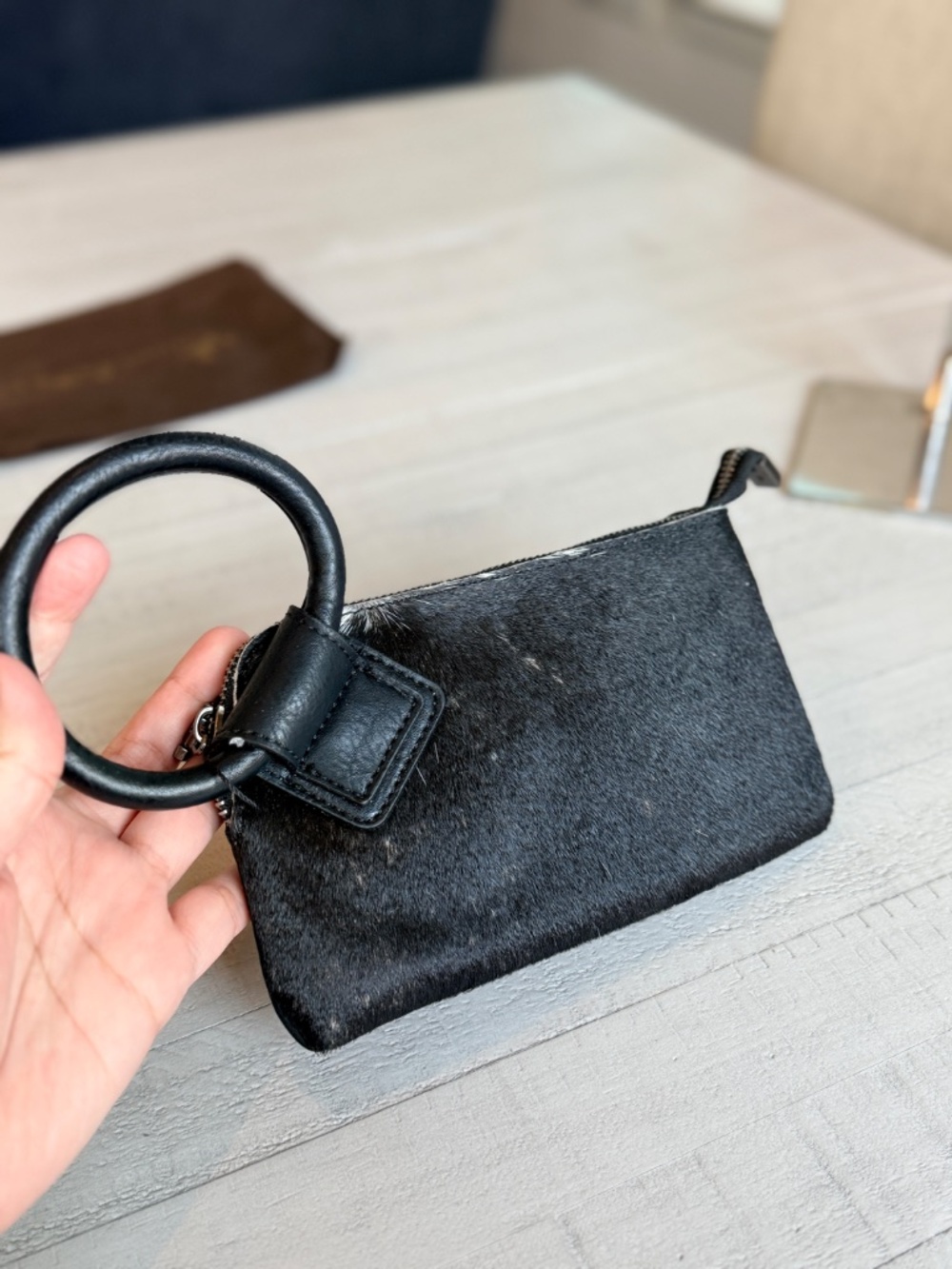 Montana West Genuine Hair-On Cowhide Ring Handle Wristlet Clutch Bag